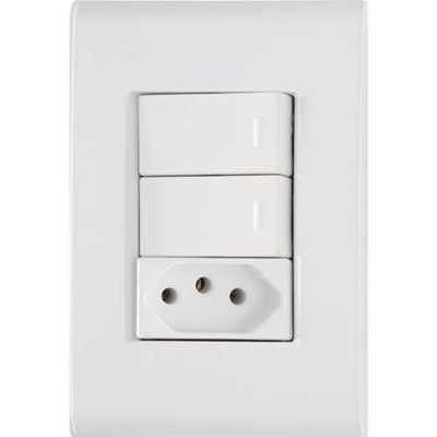 Conjunto Tomada Simples 2P+T Com Interruptor Duplo De Embutir Tramontina Liz 250v 20A Branco (MP)