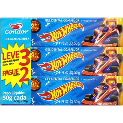 Creme Dental Condor Kids Hotwheels 6+ anos Leve 3, Pague 2