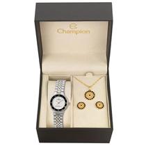 Relógio Feminino Champion com Kit de Joias CH27158W Analógico Pulseira de Aço Prateado e Dourado