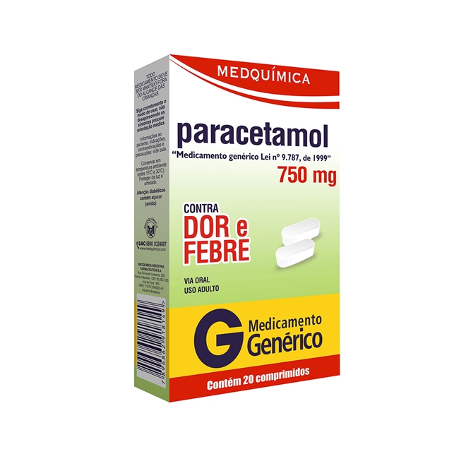 Paracetamol 750mg 20 Comprimidos Medquímica Genérico Bemol Farma