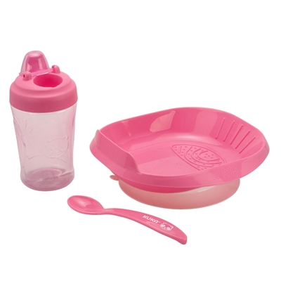 Kit Infantil 4 Peças Kuka Refeição 1 Prato + 2 Talheres +1 Copo Rosa 7017