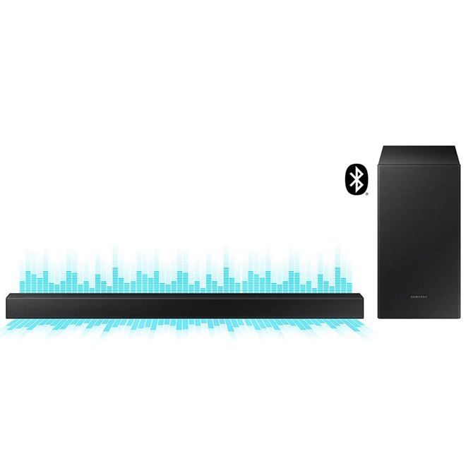 Soundbar Samsung HW-T450 com 2.1 canais, Potência 200W, Bluetooth e