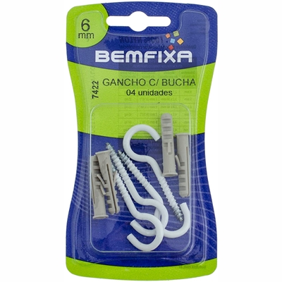 Kit Gancho E Bucha Com Anel 6mm Bemfixa 7422 Branco Contém 4 Unidades