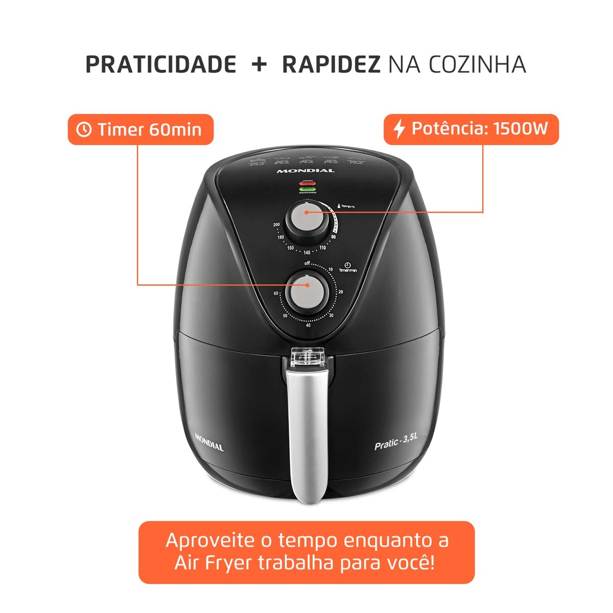 Fritadeira Sem Óleo Mondial, New Pratic - 3,5L, 127V, Preto, 1500W - AF-31