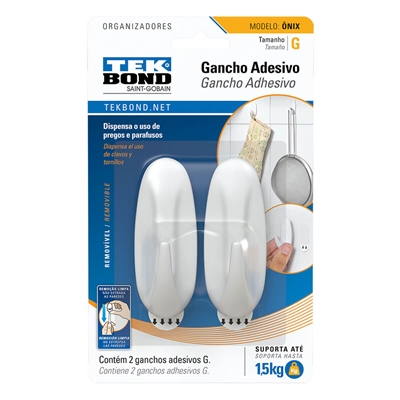 Gancho Adesivo Tekbond Ônix de Plástico Tamanho G 02 Unidades - Branco (MP)