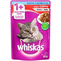 Ração Úmida Whiskas Para Gatos Adultos Castrados Carne ao Molho Sachê 85g (MP)