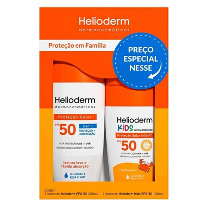 Kit Protetor Solar Família Helioderm FPS 50 200ml E Protetor Solar kids FPS 50 120ml