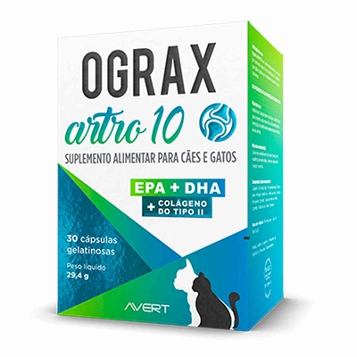 Suplemento Ograx Artro Avert 10 Colágeno para Cães e Gatos 30 Cápsulas (MP)